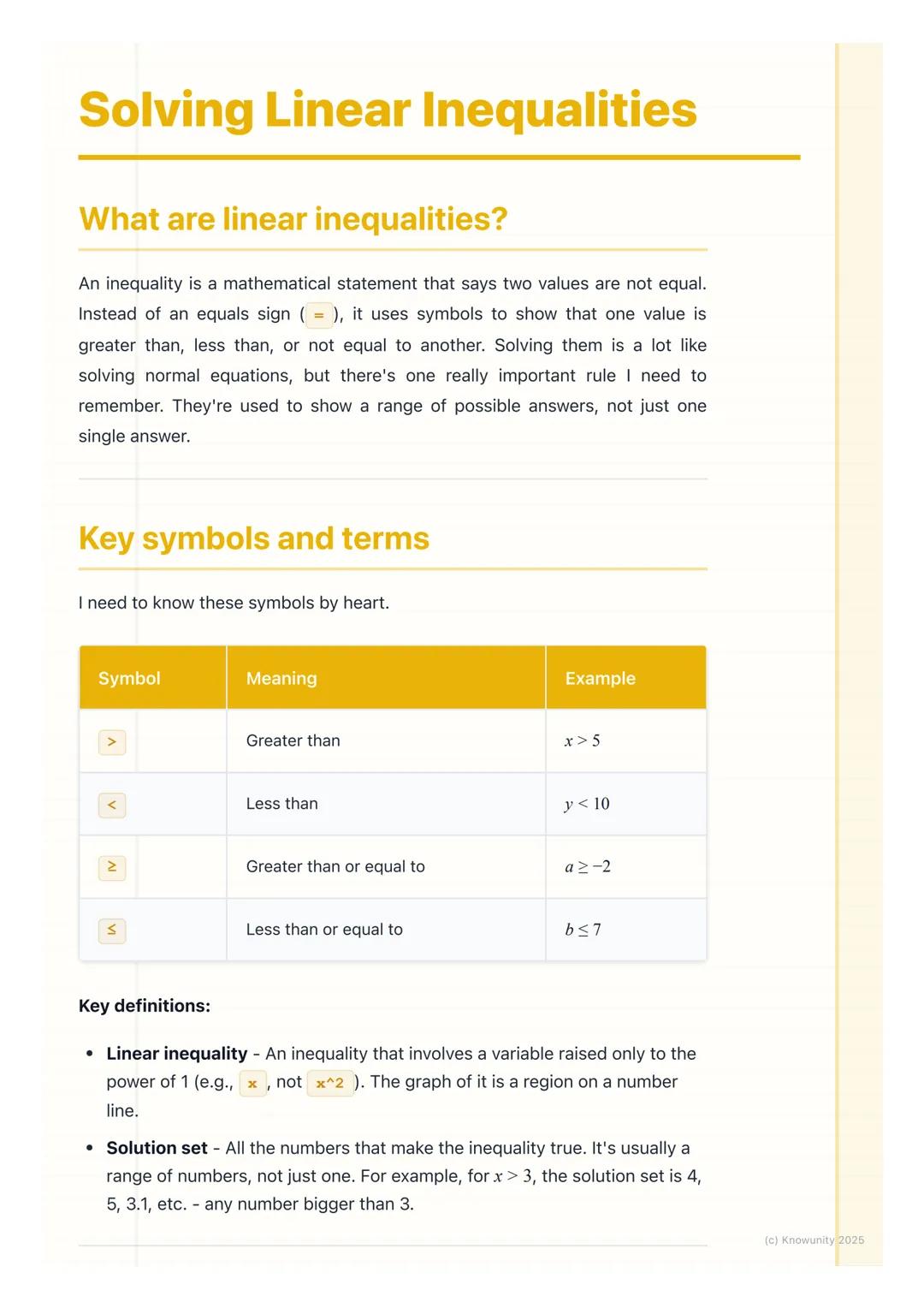 # Solving Linear Inequalities

## What are linear inequalities?

An inequality is a mathematical statement that says two values are not equa