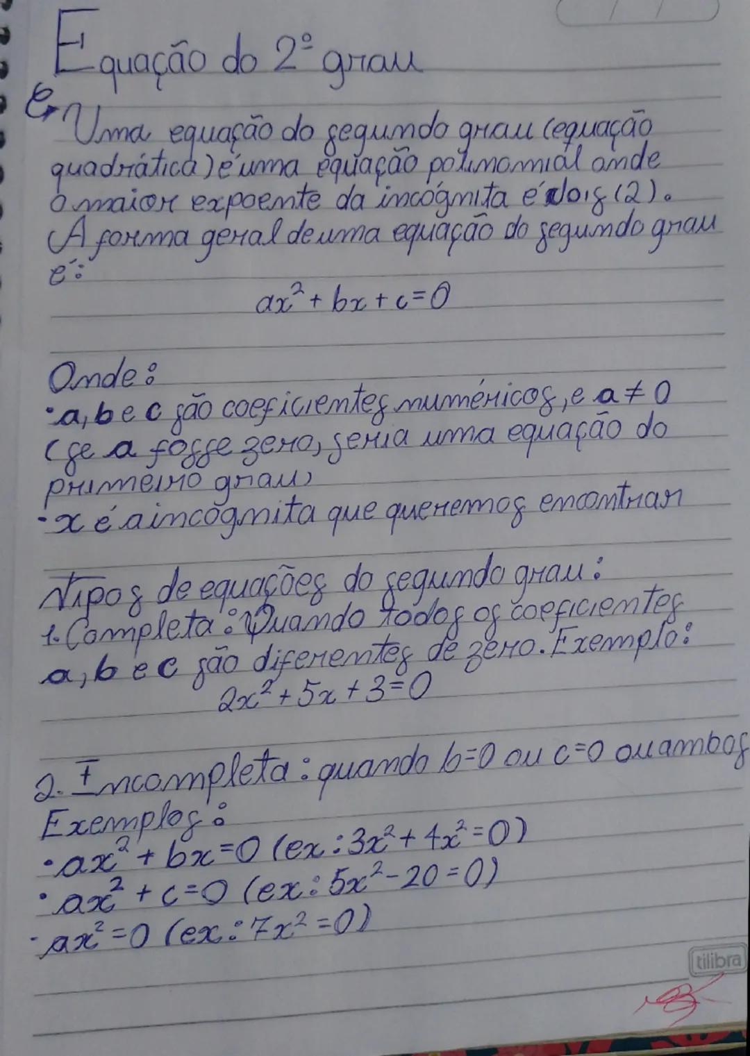 # Equação do 2º grau

Uma equação do segundo grau (equação quadrática) é uma equação polinomial onde o maior expoente da incógnita é dois (2