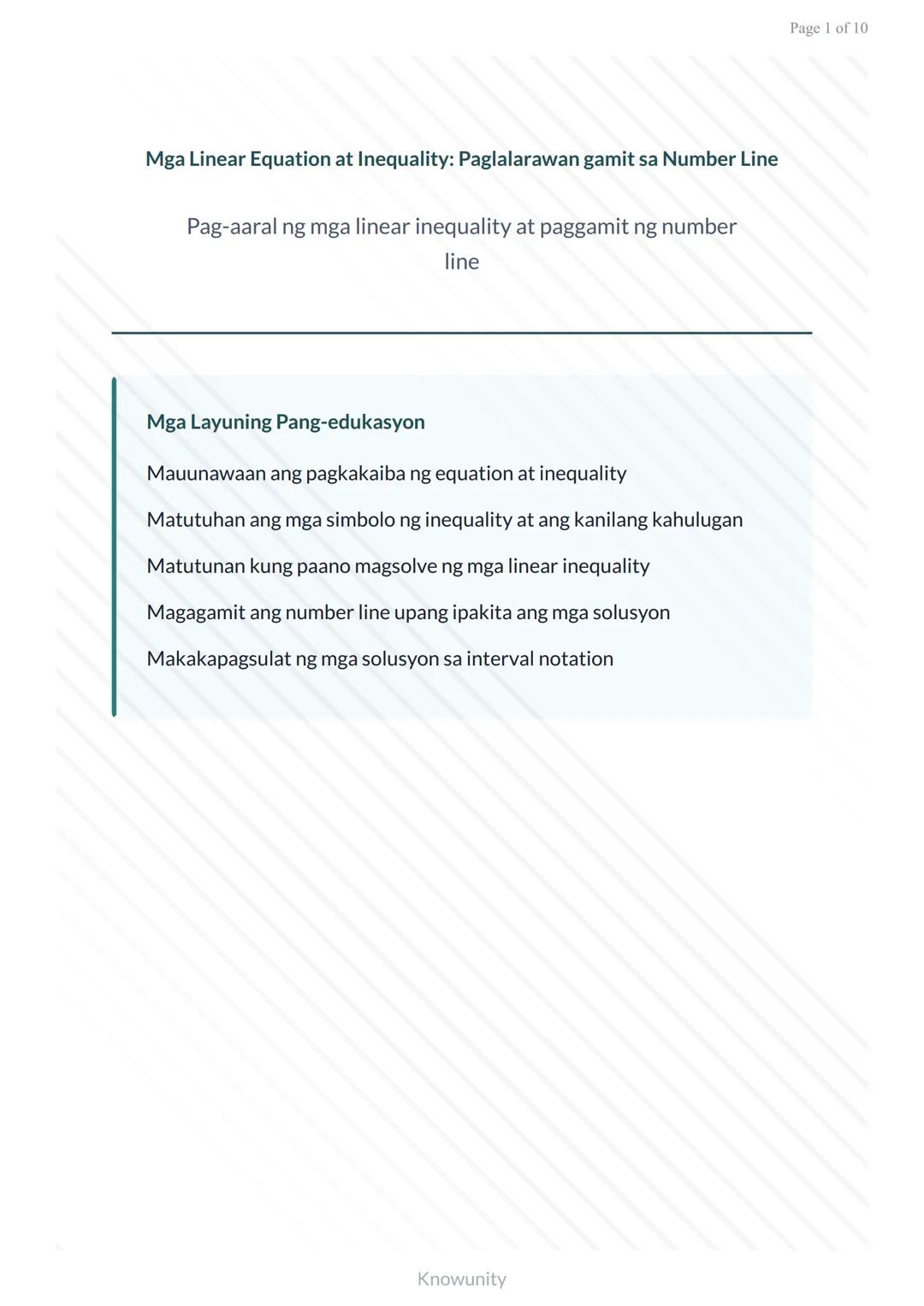 Mga Linear Equation at Inequality: Paglalarawan gamit sa Number Line
Pag-aaral ng mga linear inequality at paggamit ng number
line
Mga Layun