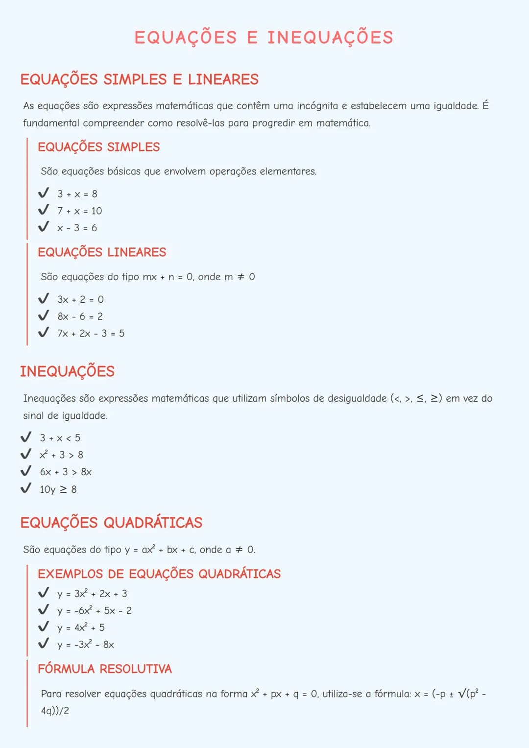 # EQUAÇÕES E INEQUAÇÕES

# EQUAÇÕES SIMPLES E LINEARES
As equações são expressões matemáticas que contêm uma incógnita e estabelecem uma igu