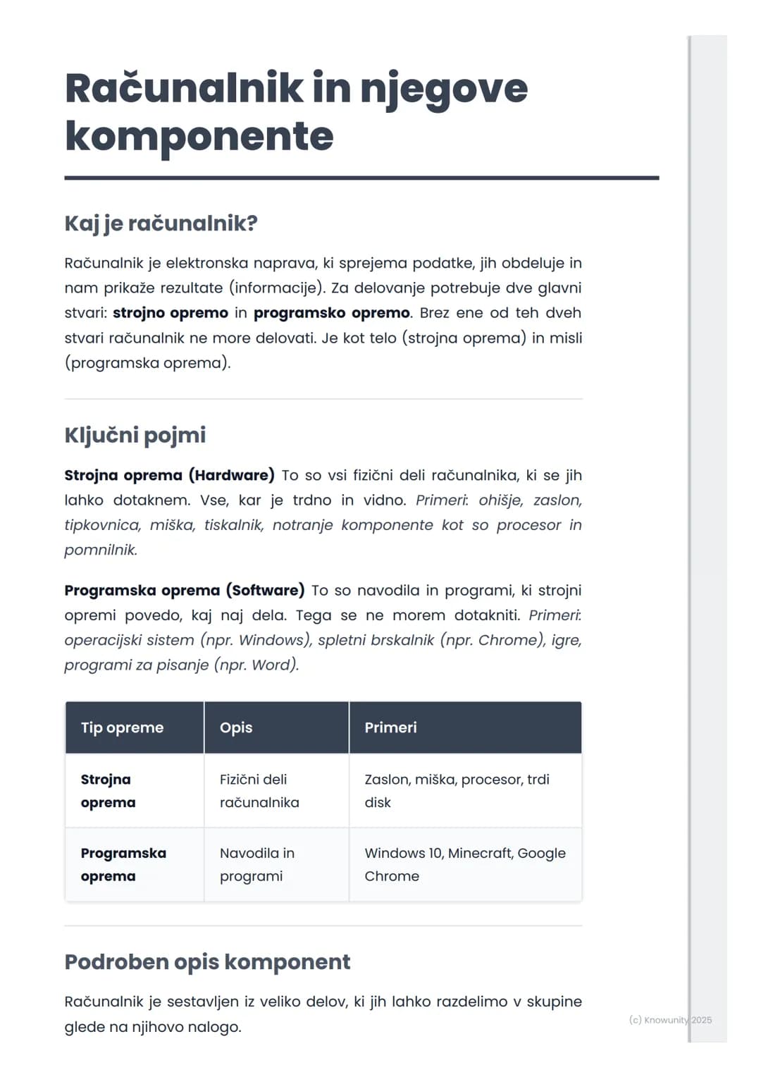 # Računalnik in njegove
komponente

Kaj je računalnik?

Računalnik je elektronska naprava, ki sprejema podatke, jih obdeluje in
nam prikaže 