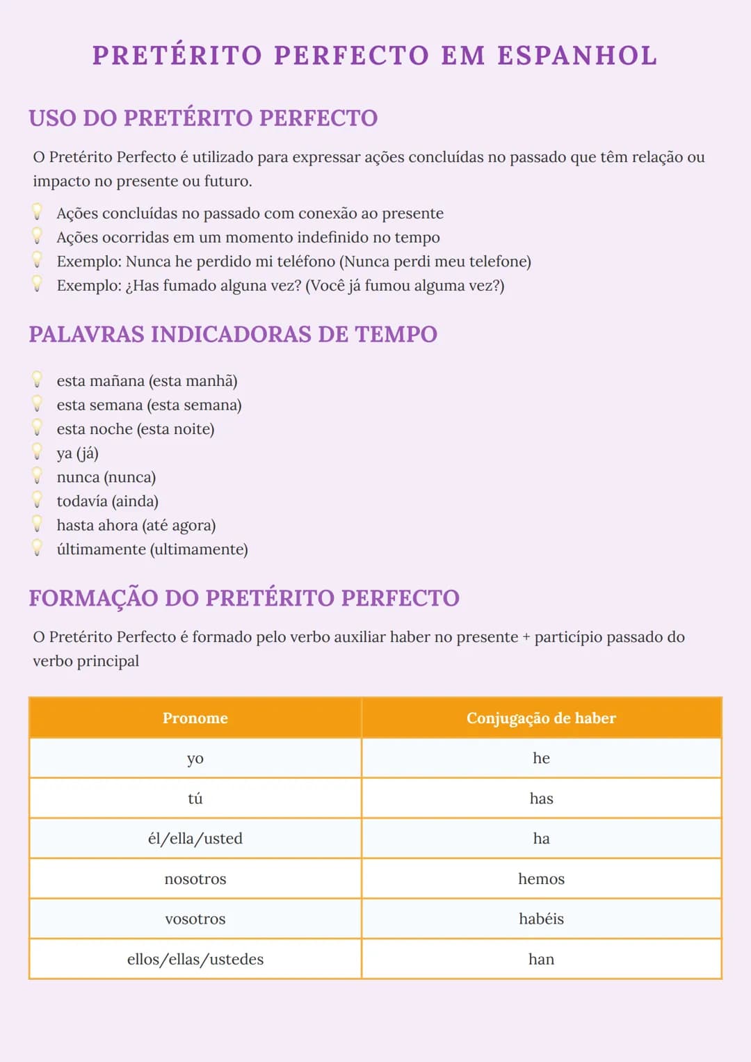 --- OCR Start ---
PRETÉRITO PERFECTO EM ESPANHOL
USO DO PRETÉRITO PERFECTO
O Pretérito Perfecto é utilizado para expressar ações concluídas 