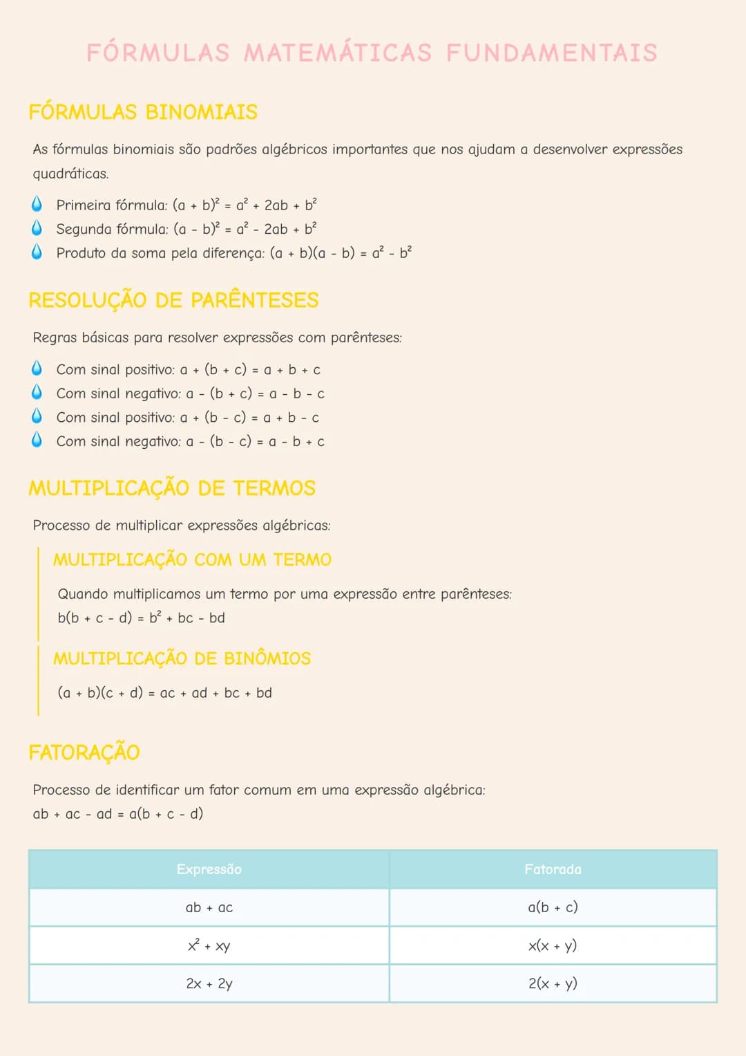 # FÓRMULAS MATEMÁTICAS FUNDAMENTAIS
# FÓRMULAS BINOMIAIS
As fórmulas binomiais são padrões algébricos importantes que nos ajudam a desenvolv