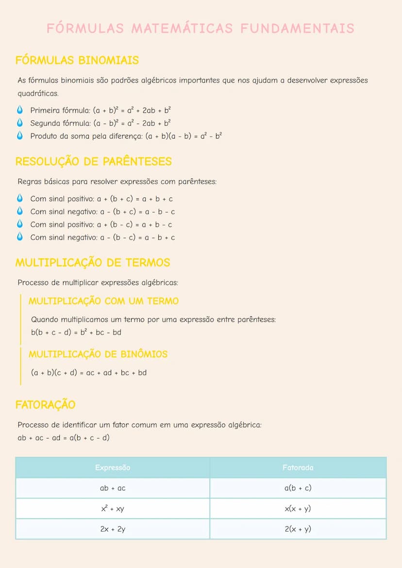 # FÓRMULAS MATEMÁTICAS FUNDAMENTAIS
# FÓRMULAS BINOMIAIS
As fórmulas binomiais são padrões algébricos importantes que nos ajudam a desenvolv
