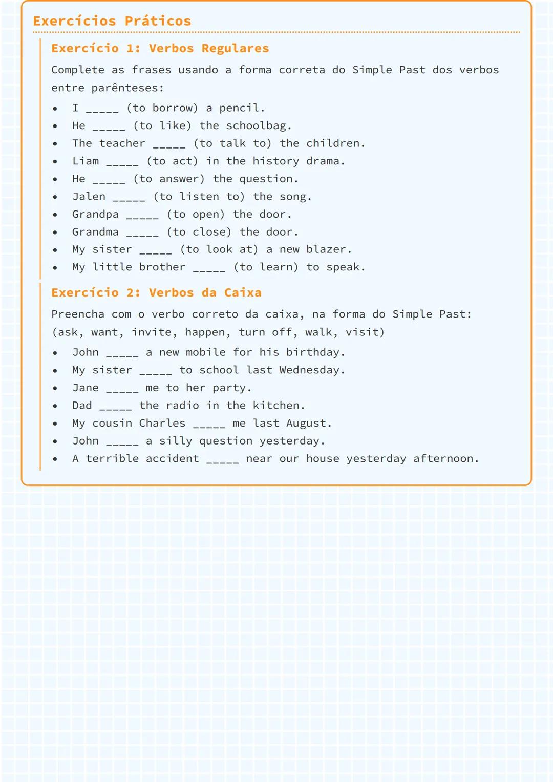 # O Simple Past (Passado Simples)

## Utilização do Simple Past

O Simple Past (Passado Simples) é um tempo verbal em inglês que descreve
um