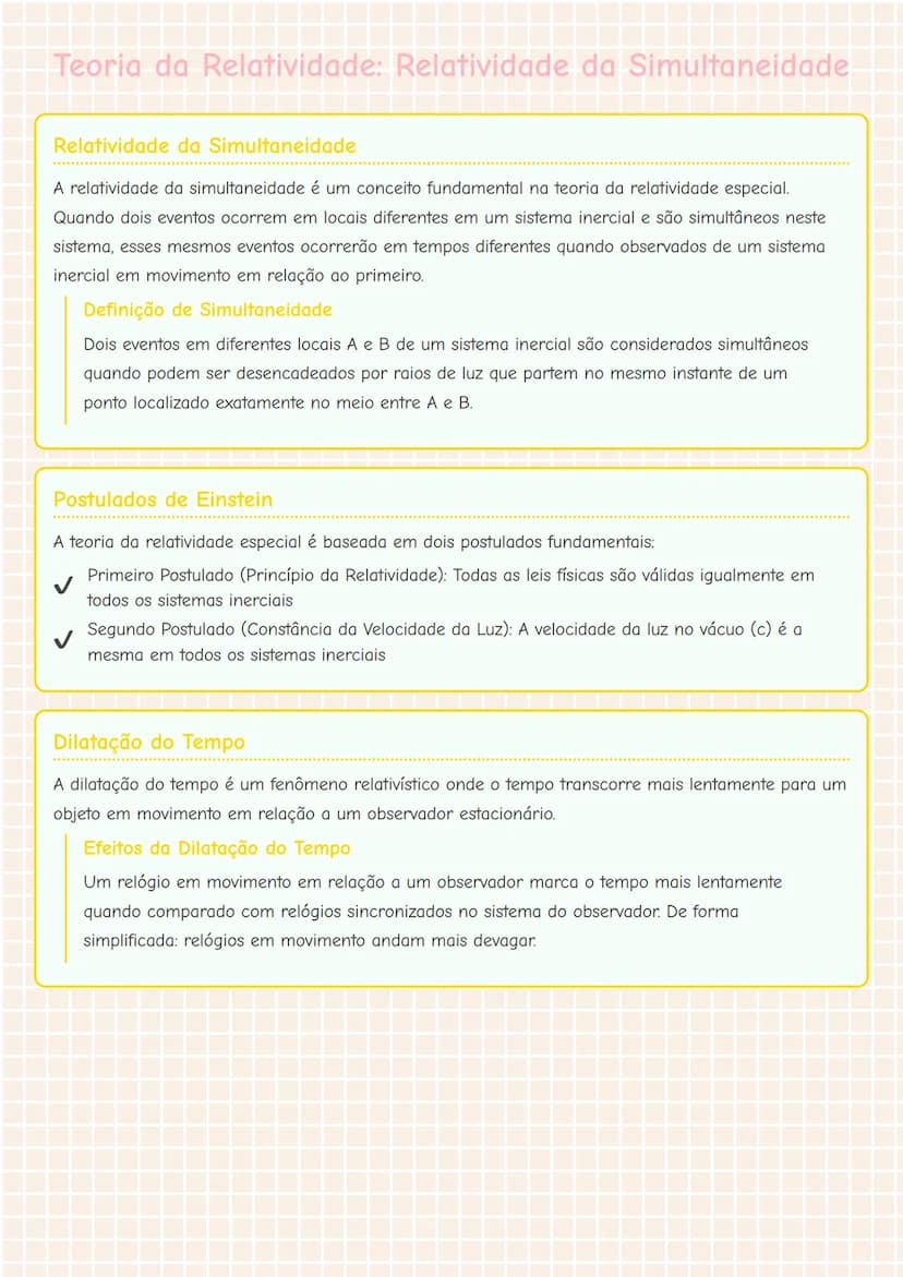 # Teoria da Relatividade: Relatividade da Simultaneidade

## Relatividade da Simultaneidade
A relatividade da simultaneidade é um conceito f