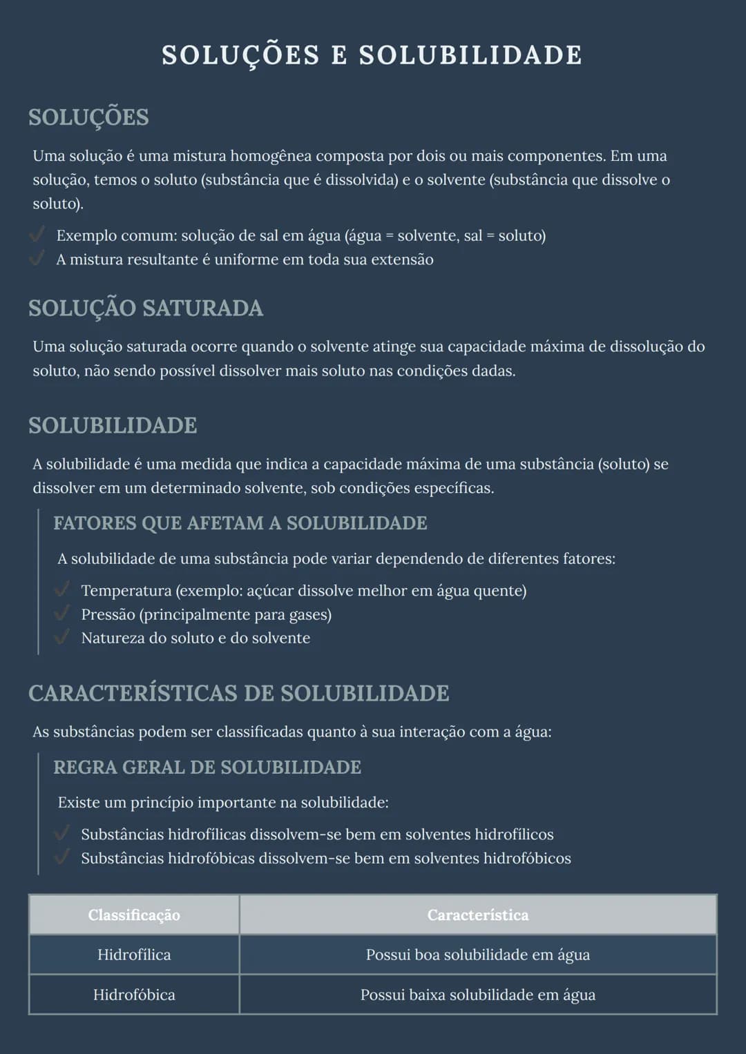 # SOLUÇÕES E SOLUBILIDADE

# SOLUÇÕES

Uma solução é uma mistura homogênea composta por dois ou mais componentes. Em uma
solução, temos o so