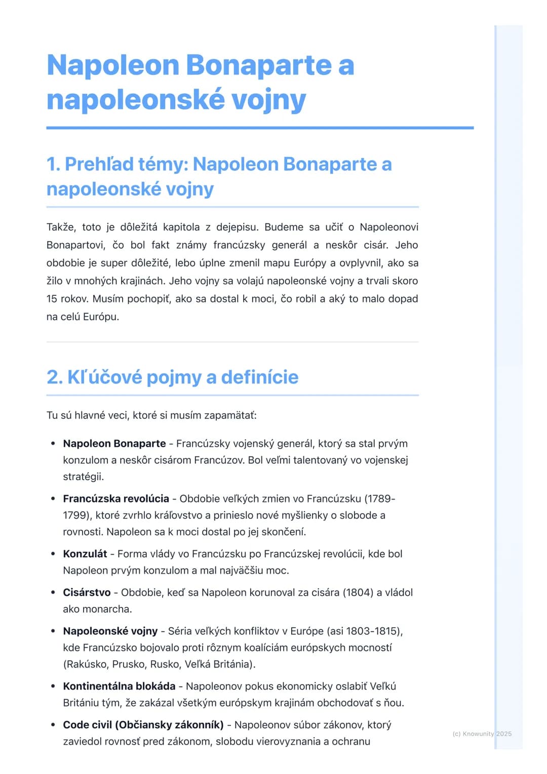 # Napoleon Bonaparte a
napoleonské vojny

1. Prehľad témy: Napoleon Bonaparte a
napoleonské vojny

Takže, toto je dôležitá kapitola z dejepi
