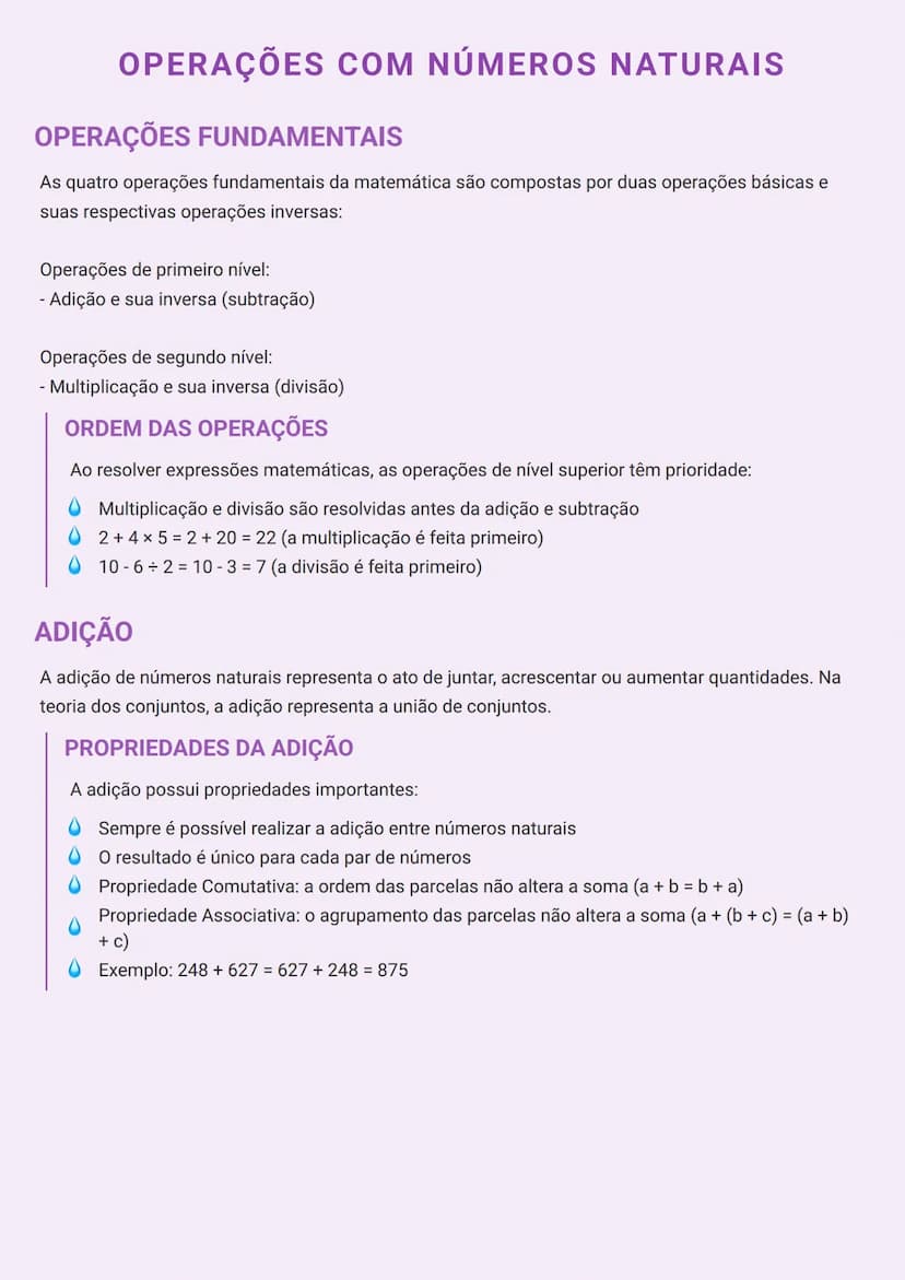 --- OCR Start ---
OPERAÇÕES COM NÚMEROS NATURAIS
OPERAÇÕES FUNDAMENTAIS
As quatro operações fundamentais da matemática são compostas por dua