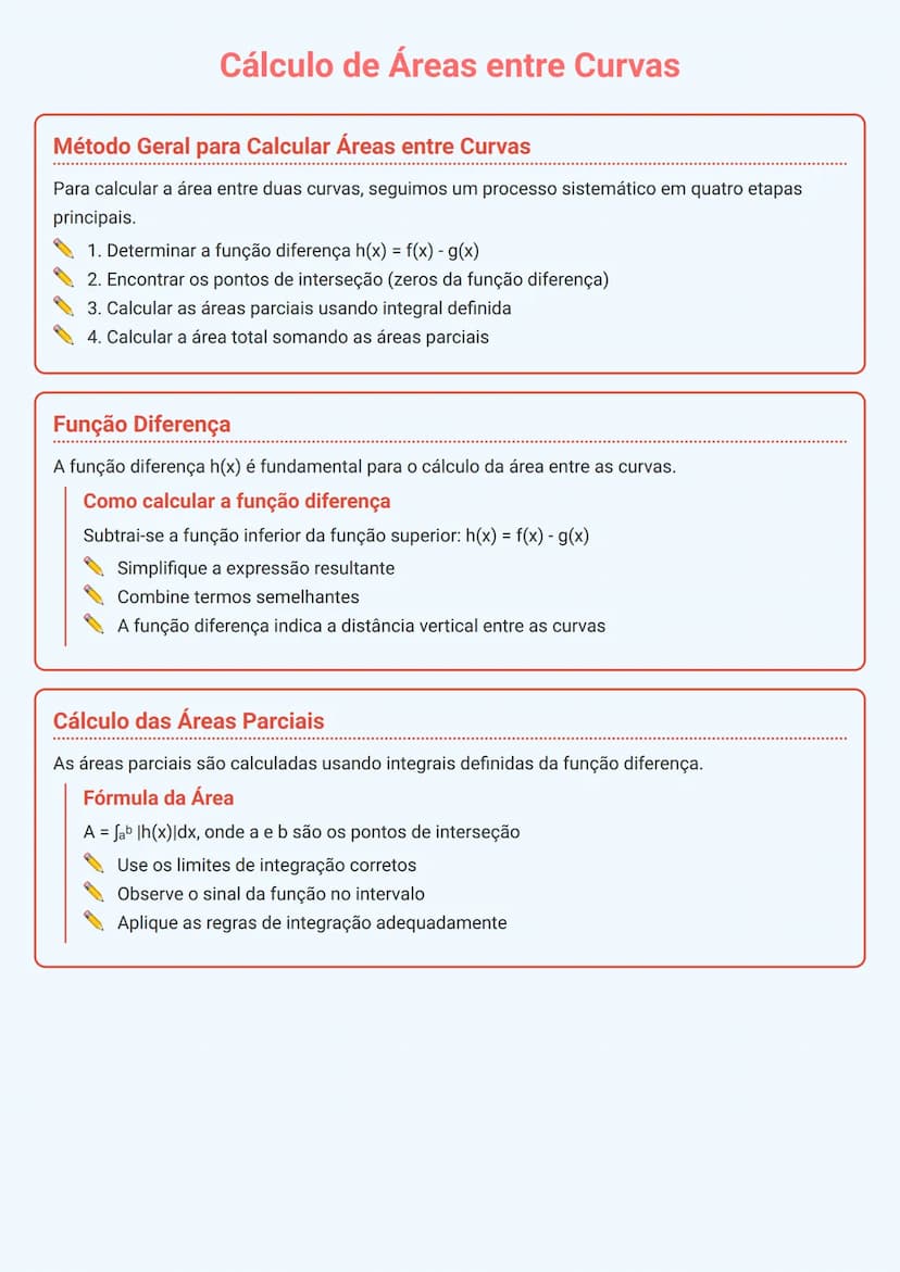 # Cálculo de Áreas entre Curvas

# Método Geral para Calcular Áreas entre Curvas
Para calcular a área entre duas curvas, seguimos um process