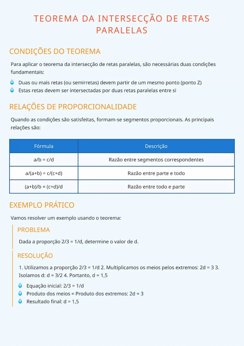 # TEOREMA DA INTERSECÇÃO DE RETAS
PARALELAS

# CONDIÇÕES DO TEOREMA
Para aplicar o teorema da intersecção de retas paralelas, são necessária