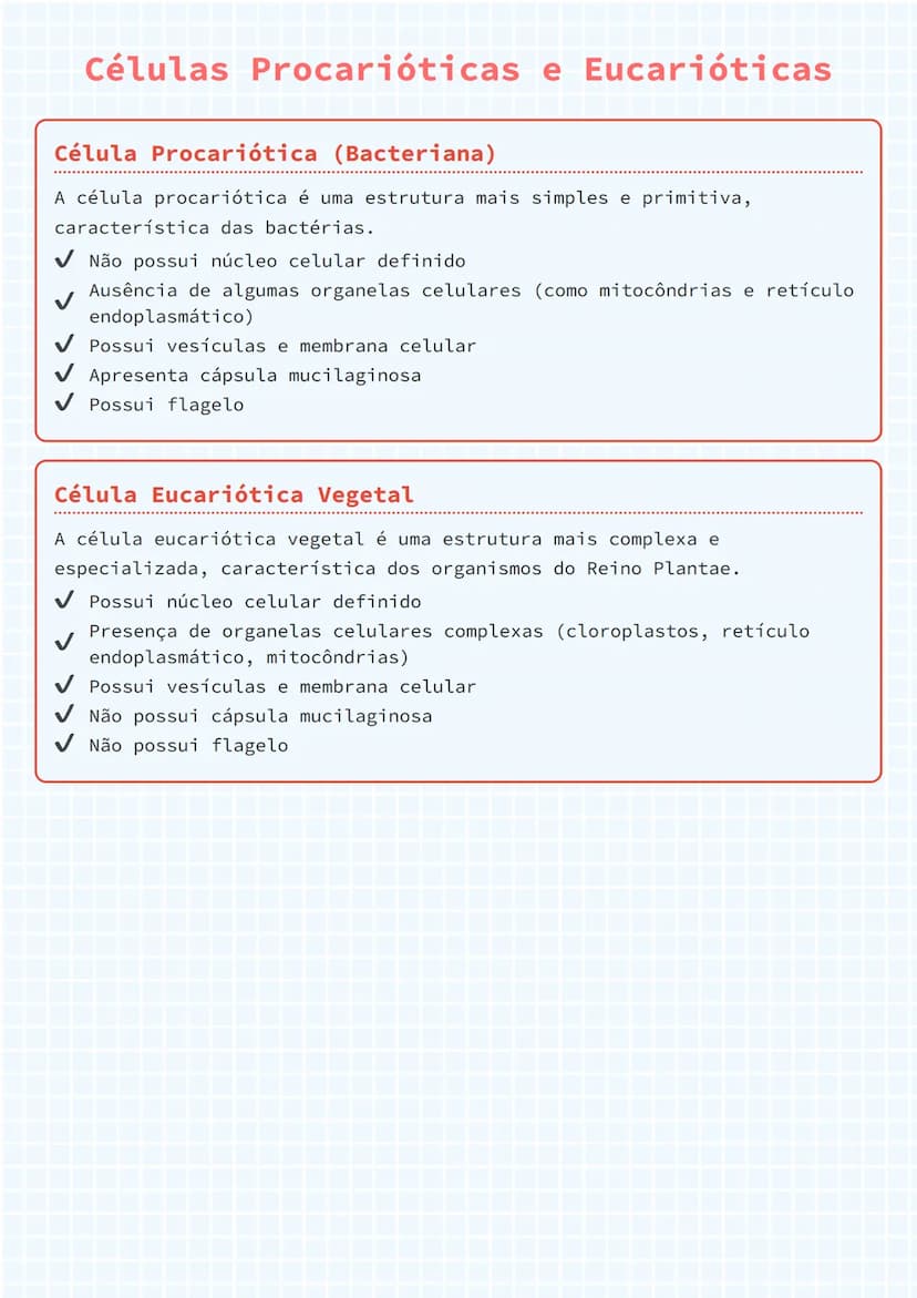 --- OCR Start ---
Células Procarióticas e Eucarióticas
Célula Procariótica (Bacteriana)
A célula procariótica é uma estrutura mais simples e