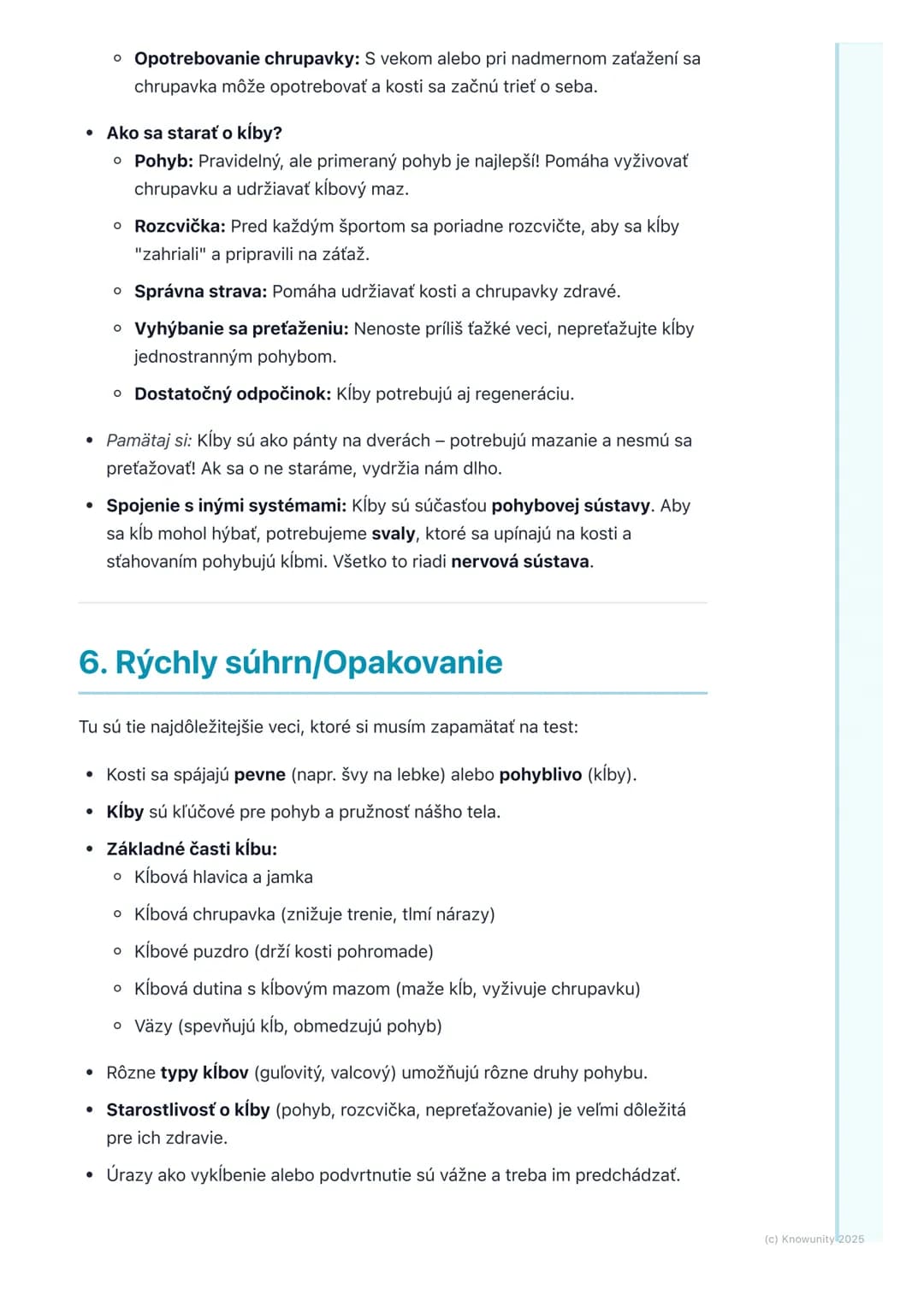 # Spojenia kostí – kĺby

## 1. Prehľad spojení kostí

Ahojte! Dnes si zopakujeme, ako sú naše kosti pospájané. Je to super dôležité,
lebo be