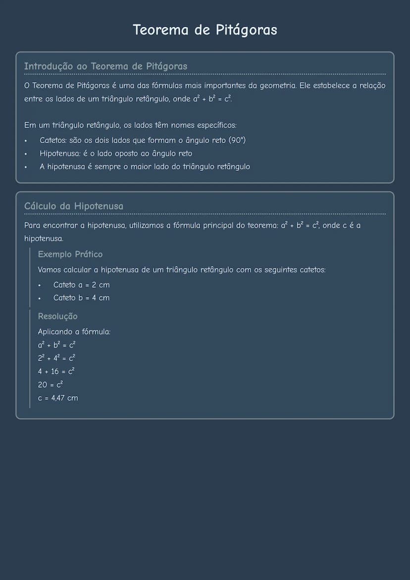 # Teorema de Pitágoras

## Introdução ao Teorema de Pitágoras
O Teorema de Pitágoras é uma das fórmulas mais importantes da geometria. Ele e