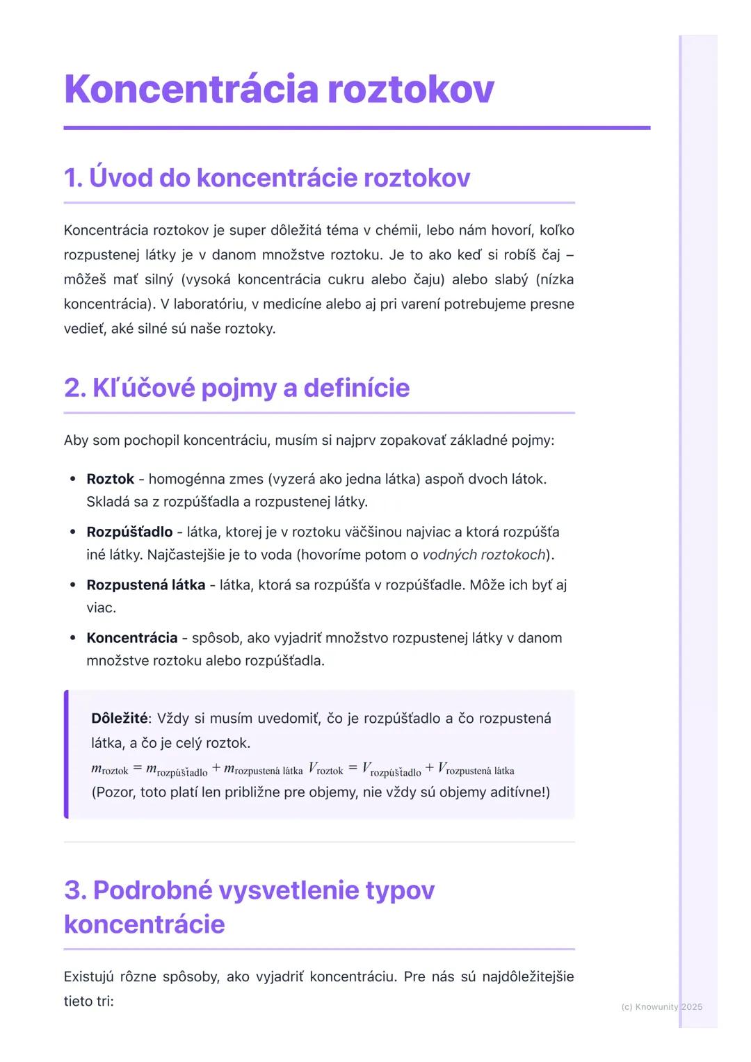 # Koncentrácia roztokov

## 1. Úvod do koncentrácie roztokov

Koncentrácia roztokov je super dôležitá téma v chémii, lebo nám hovorí, koľko
