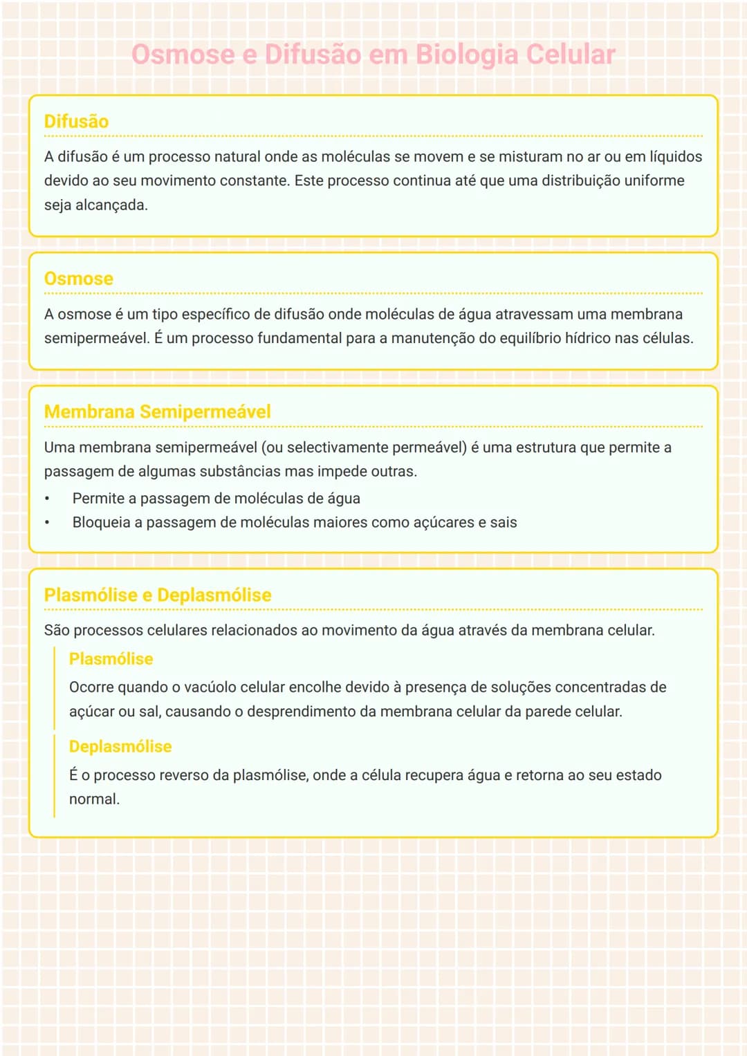 # Osmose e Difusão em Biologia Celular

## Difusão
A difusão é um processo natural onde as moléculas se movem e se misturam no ar ou em líqu
