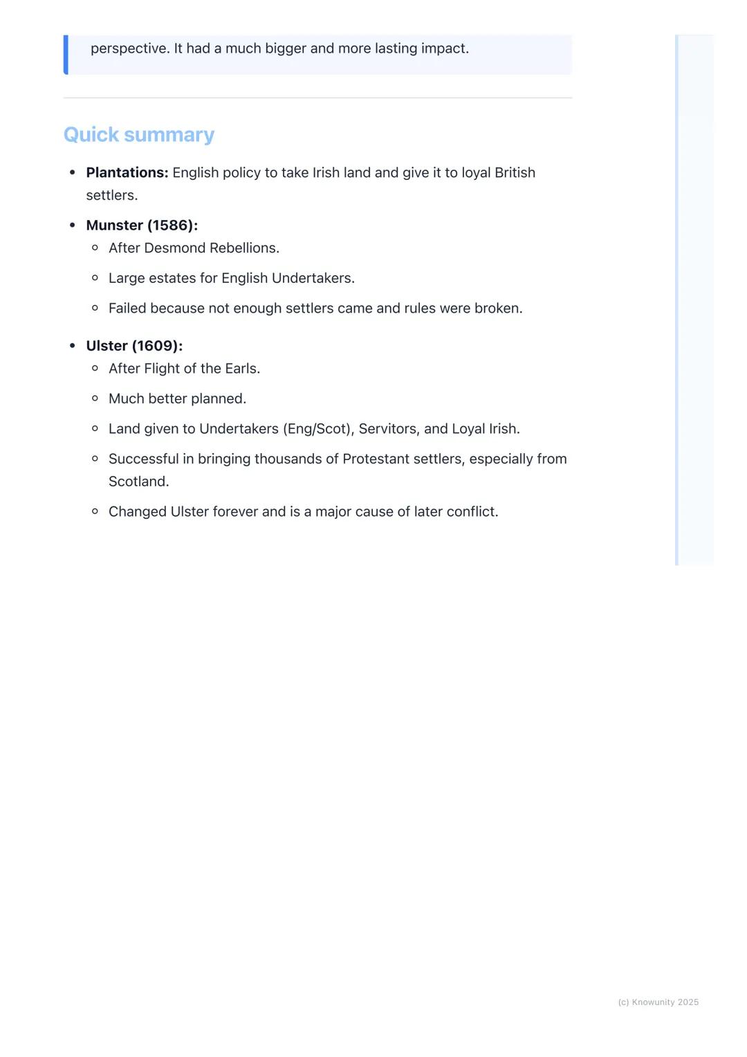 # Key Plantations: Munster and
# Ulster

Introduction to the plantations

The Plantations were when the English rulers took land from the Ir