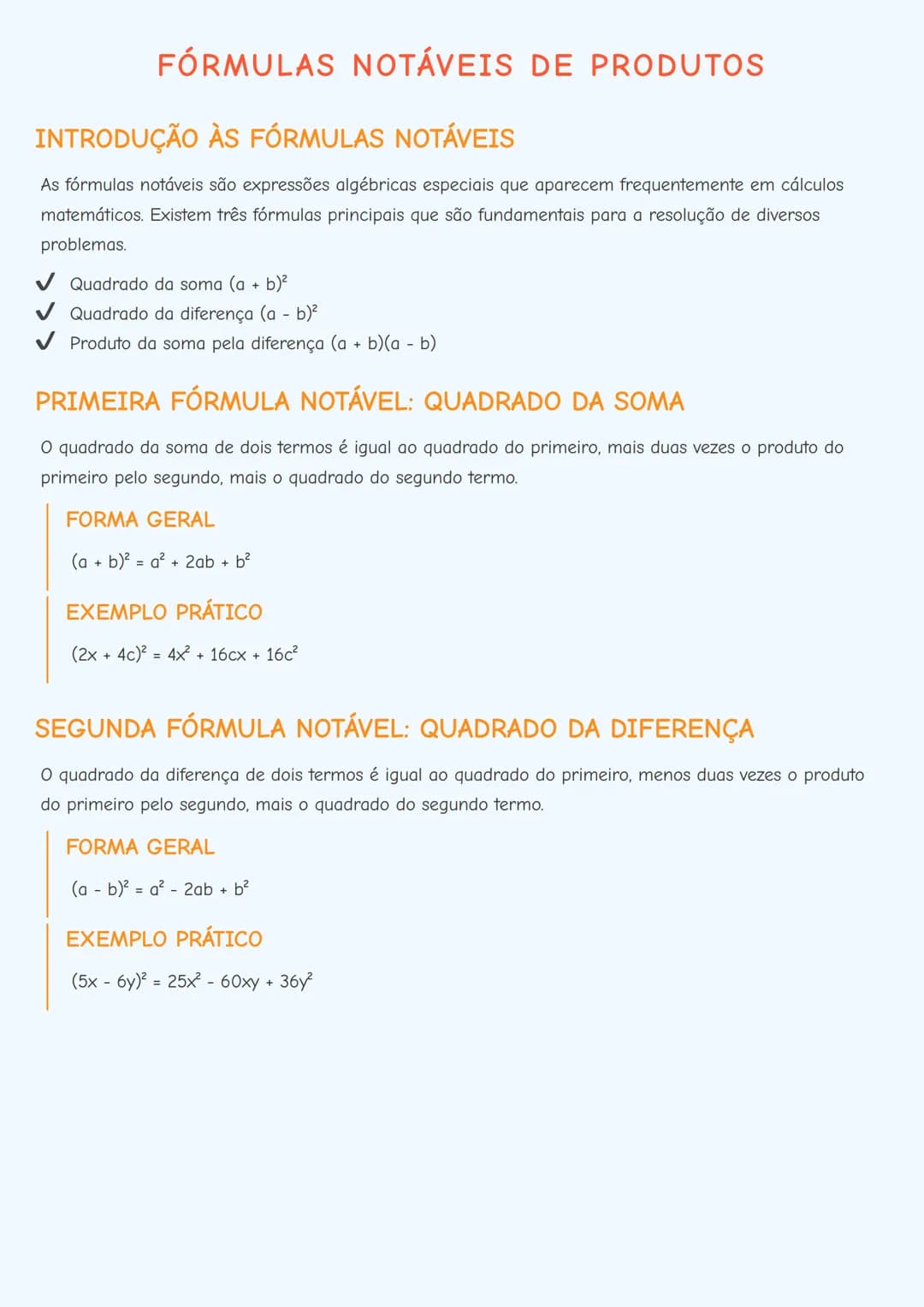 # FÓRMULAS NOTÁVEIS DE PRODUTOS

# INTRODUÇÃO ÀS FÓRMULAS NOTÁVEIS
As fórmulas notáveis são expressões algébricas especiais que aparecem fre