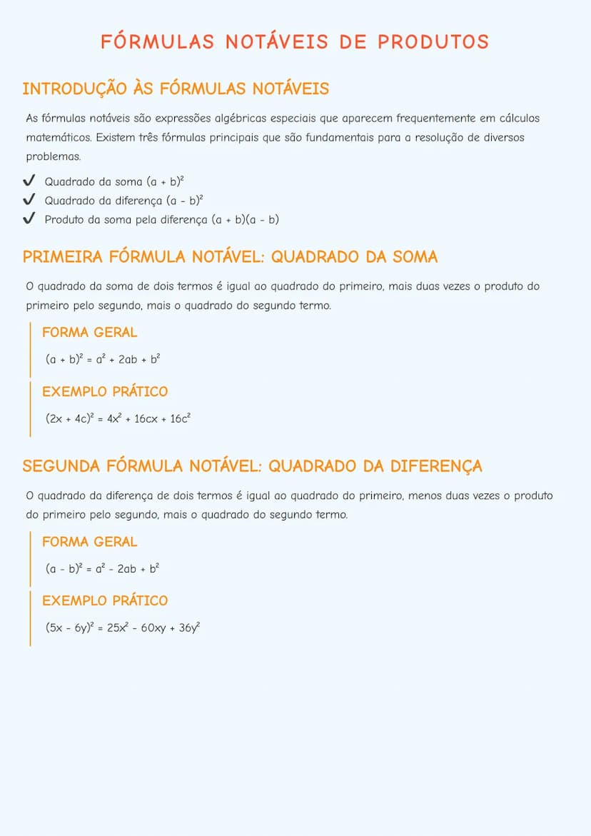 # FÓRMULAS NOTÁVEIS DE PRODUTOS

# INTRODUÇÃO ÀS FÓRMULAS NOTÁVEIS
As fórmulas notáveis são expressões algébricas especiais que aparecem fre