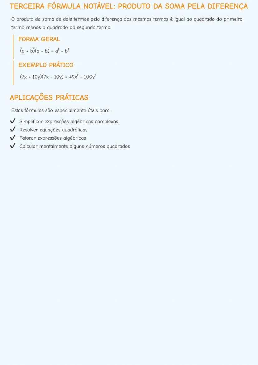 # FÓRMULAS NOTÁVEIS DE PRODUTOS

# INTRODUÇÃO ÀS FÓRMULAS NOTÁVEIS
As fórmulas notáveis são expressões algébricas especiais que aparecem fre