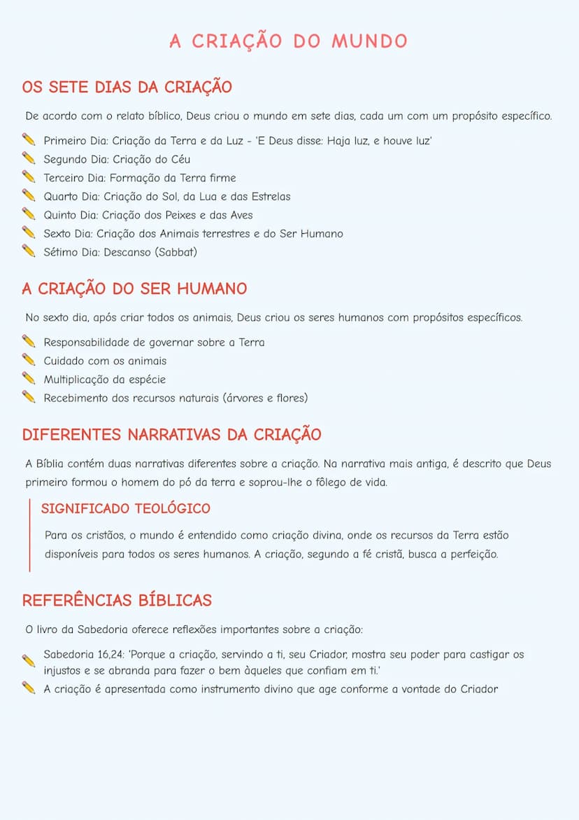 --- OCR Start ---
A CRIAÇÃO DO MUNDO
OS SETE DIAS DA CRIAÇÃO
De acordo com o relato bíblico, Deus criou o mundo em sete dias, cada um com um