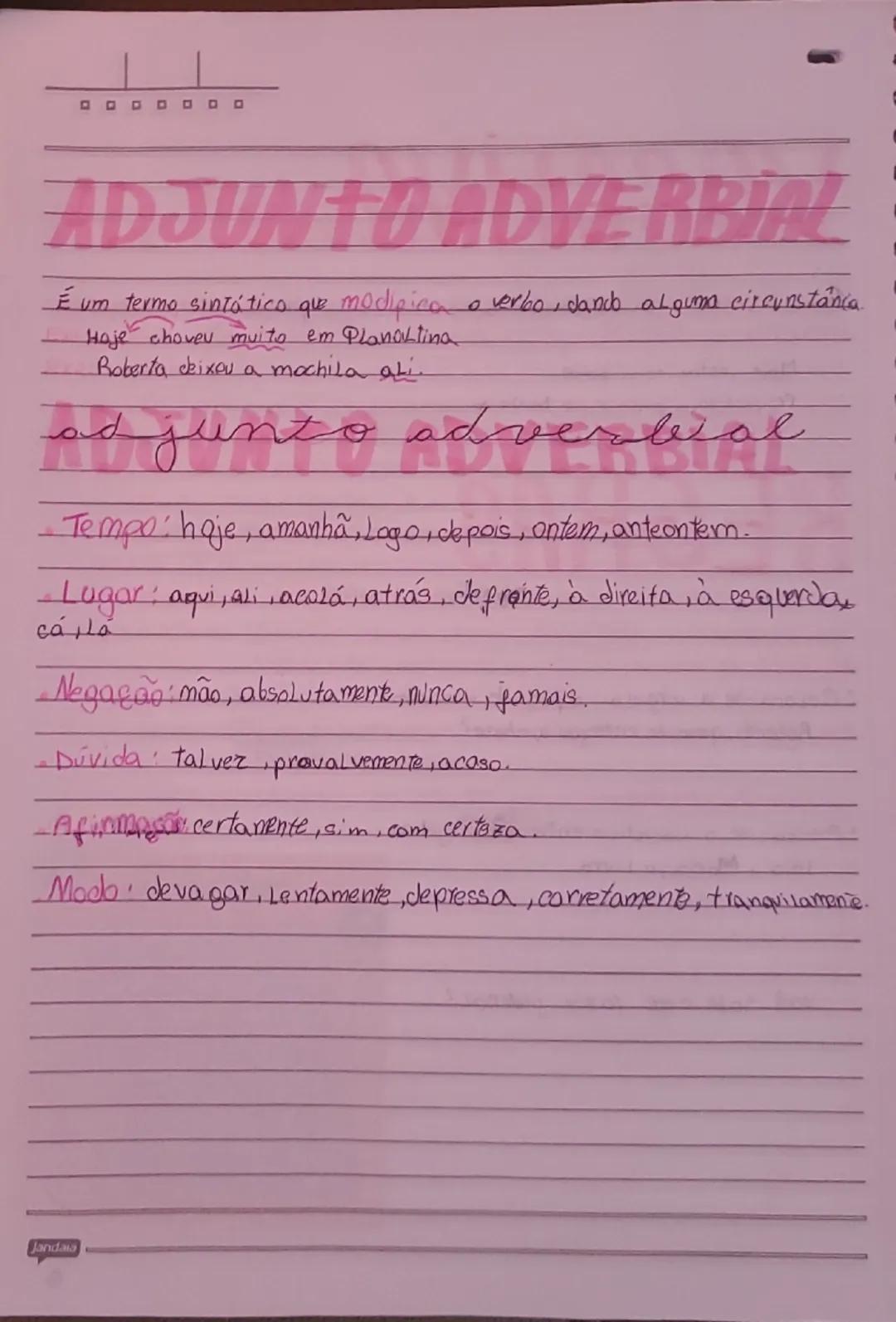 .......
ADJUNTO ADVERBIAL
É um termo sintático que modipica o verbo, dando alguma circunstância.
Haje choveu muito em Planoktina
Roberta dei