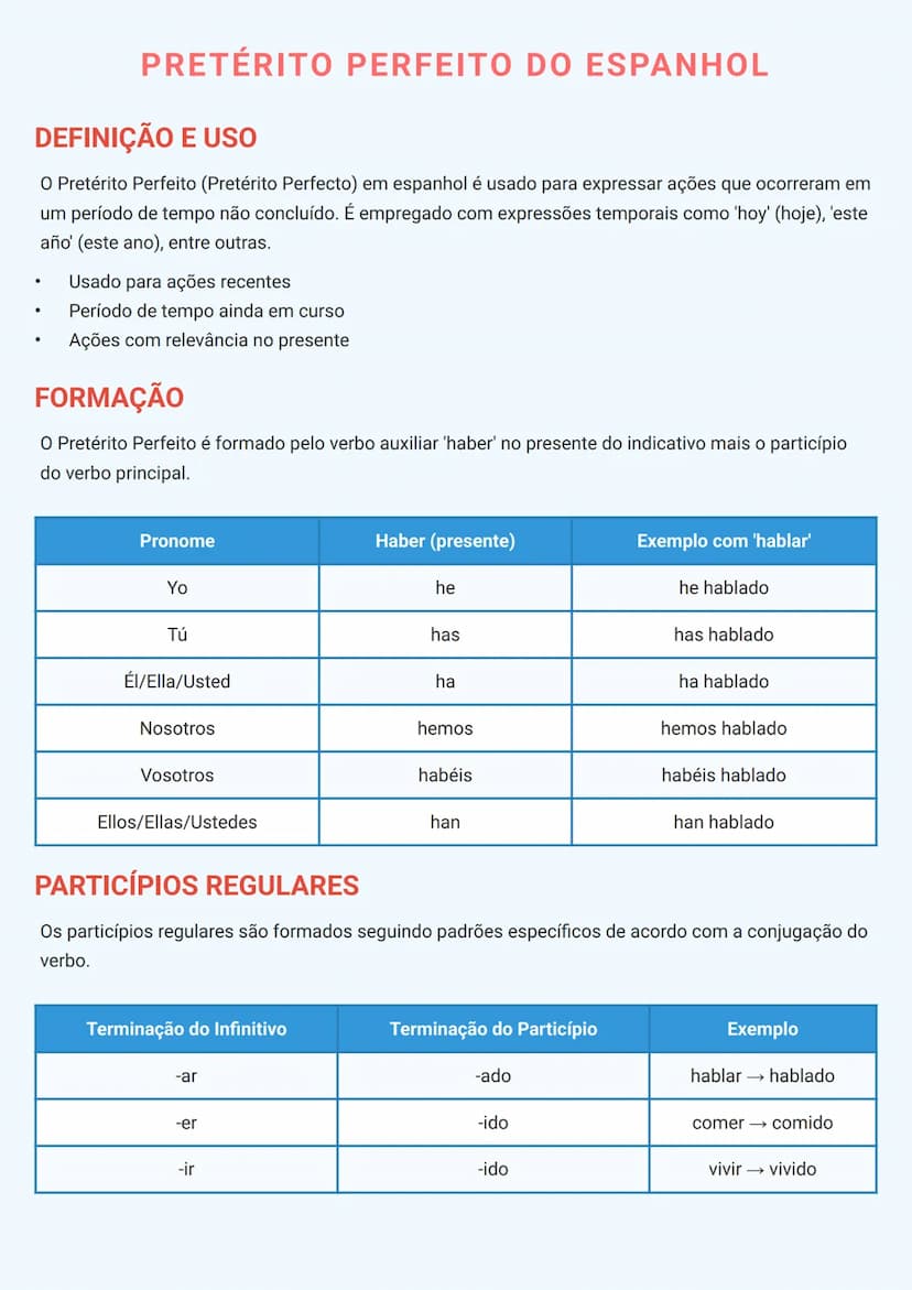 --- OCR Start ---
PRETÉRITO PERFEITO DO ESPANHOL
DEFINIÇÃO E USO
O Pretérito Perfeito (Pretérito Perfecto) em espanhol é usado para expressa