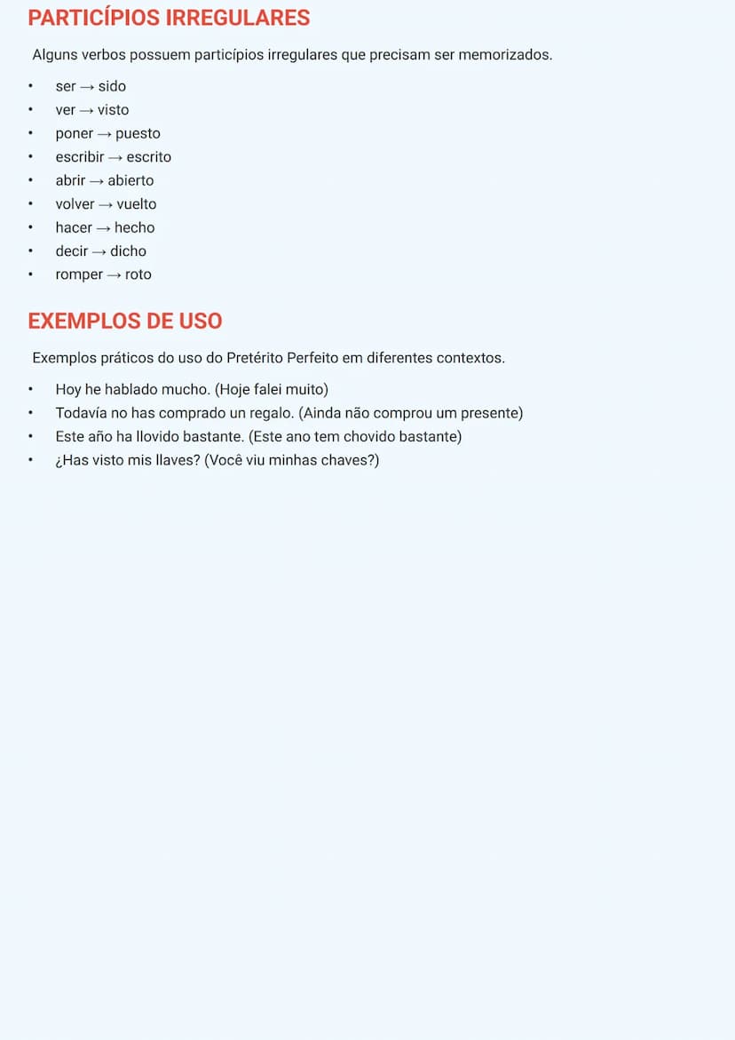 --- OCR Start ---
PRETÉRITO PERFEITO DO ESPANHOL
DEFINIÇÃO E USO
O Pretérito Perfeito (Pretérito Perfecto) em espanhol é usado para expressa