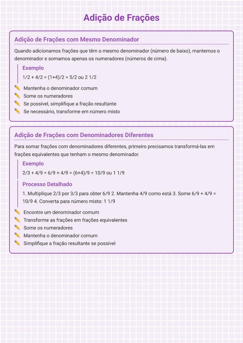 # Adição de Frações

# Adição de Frações com Mesmo Denominador
Quando adicionamos frações que têm o mesmo denominador (número de baixo), man