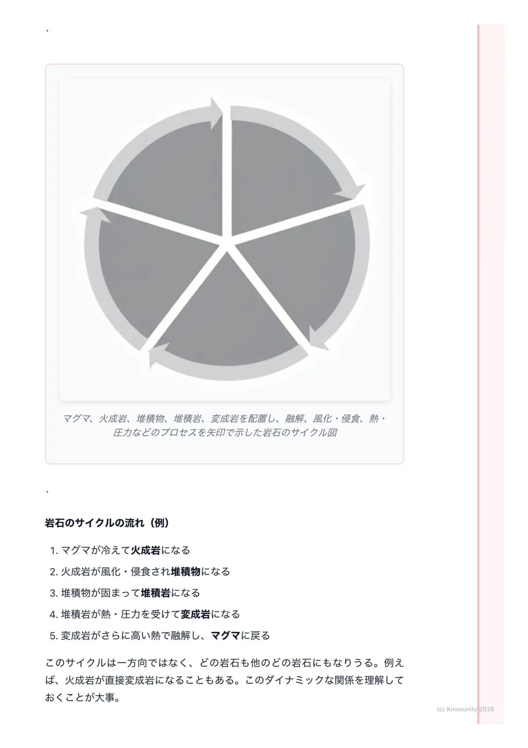 # 岩石と鉱物

1. 概要

地球の表面は様々な岩石でできている。そして、その岩石は鉱物の集合体。こ
の単元では、岩石がどのようにしてできるのか、その成り立ち(成因)によって
3種類(火成岩、堆積岩、変成岩)に分類し、それぞれの特徴を整理する。岩石
の分類は、その岩石を構成する