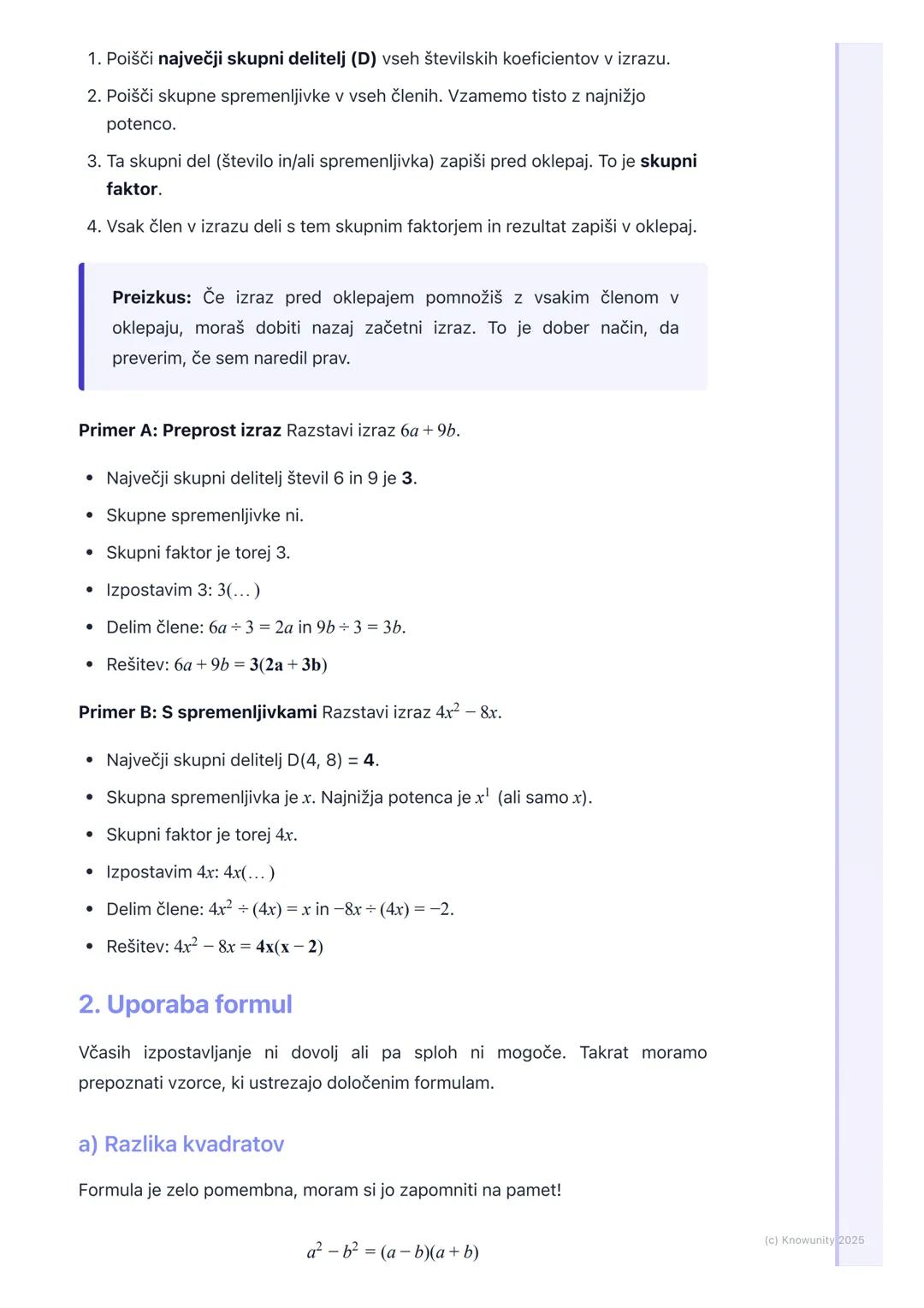 # Razstavljanje izrazov

Kaj je razstavljanje izrazov?

Razstavljanje (ali faktorizacija) algebrskih izrazov je postopek, pri katerem
vsoto 