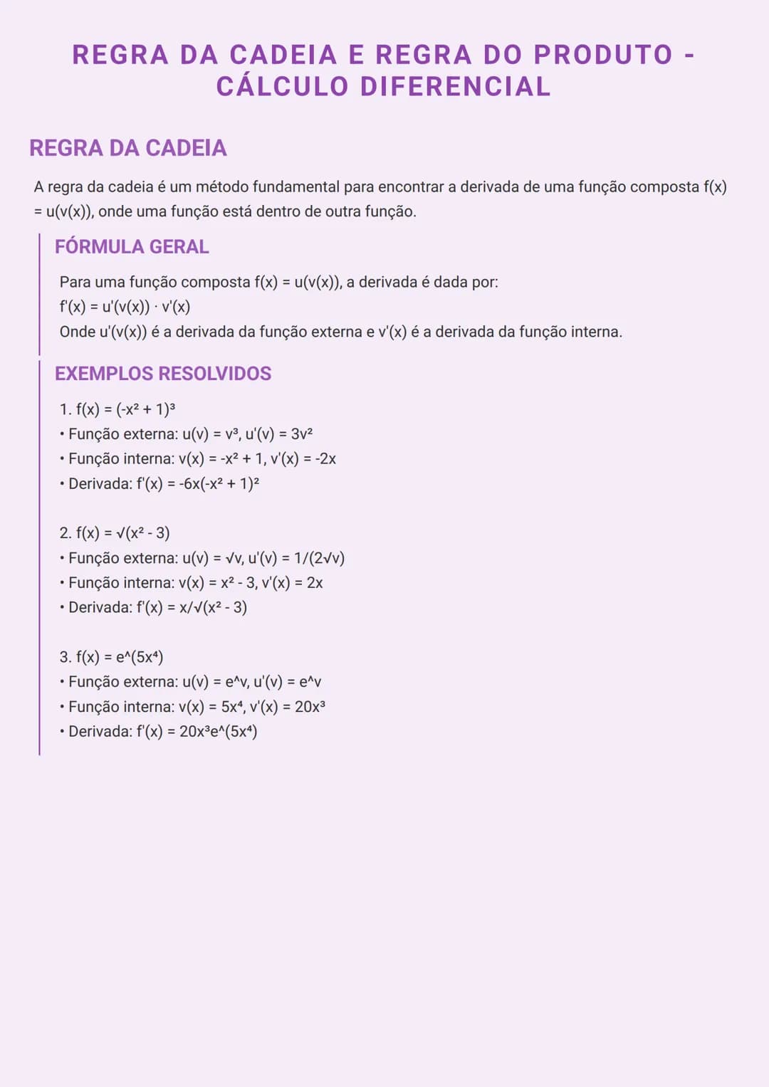 --- OCR Start ---
REGRA DA CADEIA E REGRA DO PRODUTO -
CÁLCULO DIFERENCIAL
REGRA DA CADEIA
A regra da cadeia é um método fundamental para en