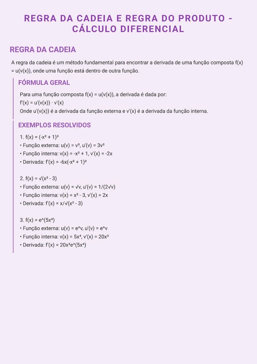 --- OCR Start ---
REGRA DA CADEIA E REGRA DO PRODUTO -
CÁLCULO DIFERENCIAL
REGRA DA CADEIA
A regra da cadeia é um método fundamental para en