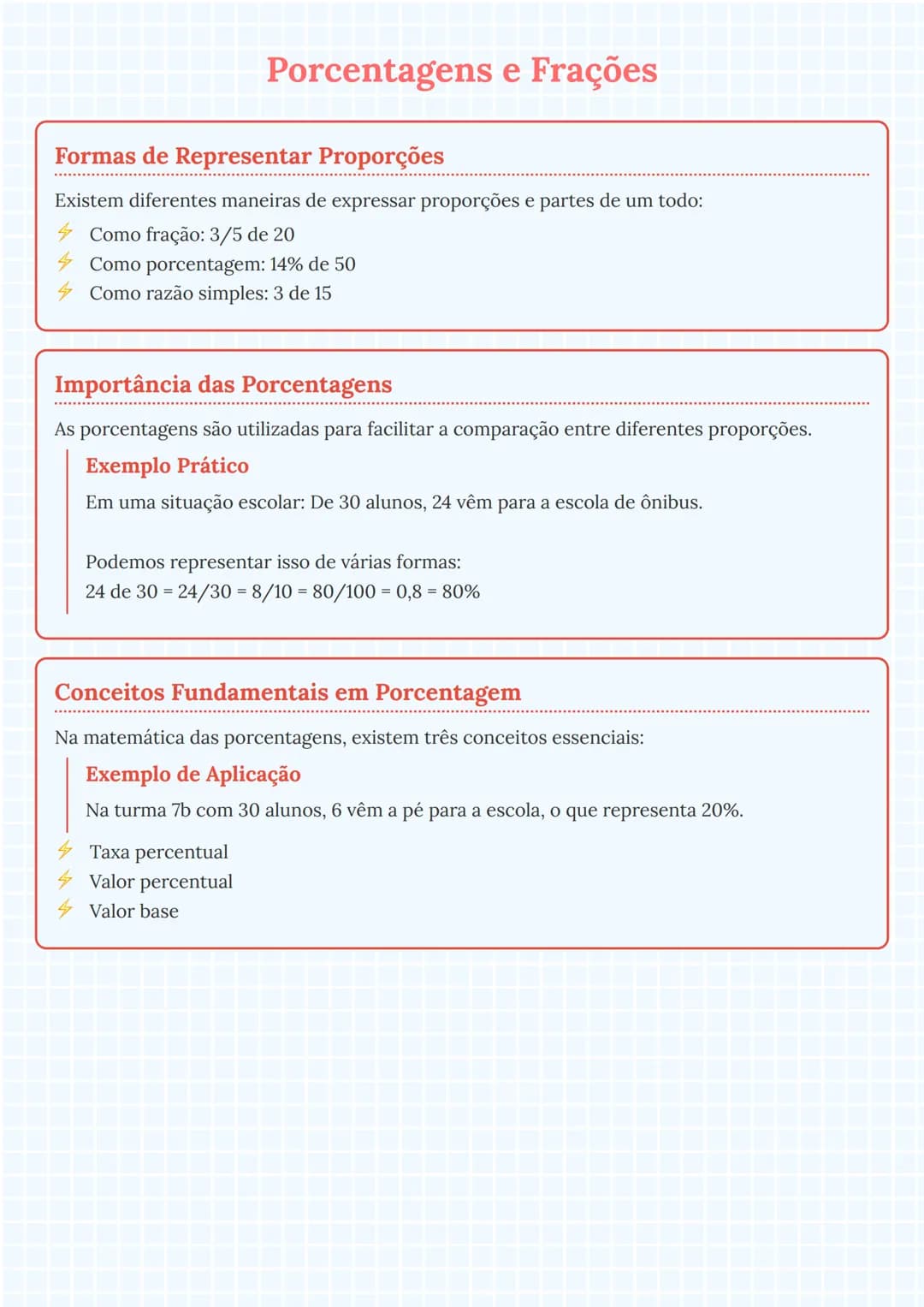 # Porcentagens e Frações

# Formas de Representar Proporções
Existem diferentes maneiras de expressar proporções e partes de um todo:
- Como