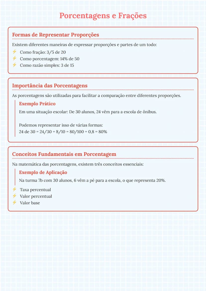 # Porcentagens e Frações

# Formas de Representar Proporções
Existem diferentes maneiras de expressar proporções e partes de um todo:
- Como