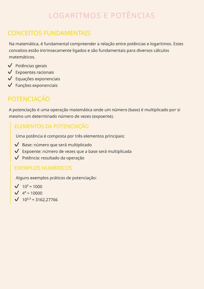# LOGARITMOS E POTÊNCIAS

# CONCEITOS FUNDAMENTAIS
Na matemática, é fundamental compreender a relação entre potências e logaritmos. Estes
co