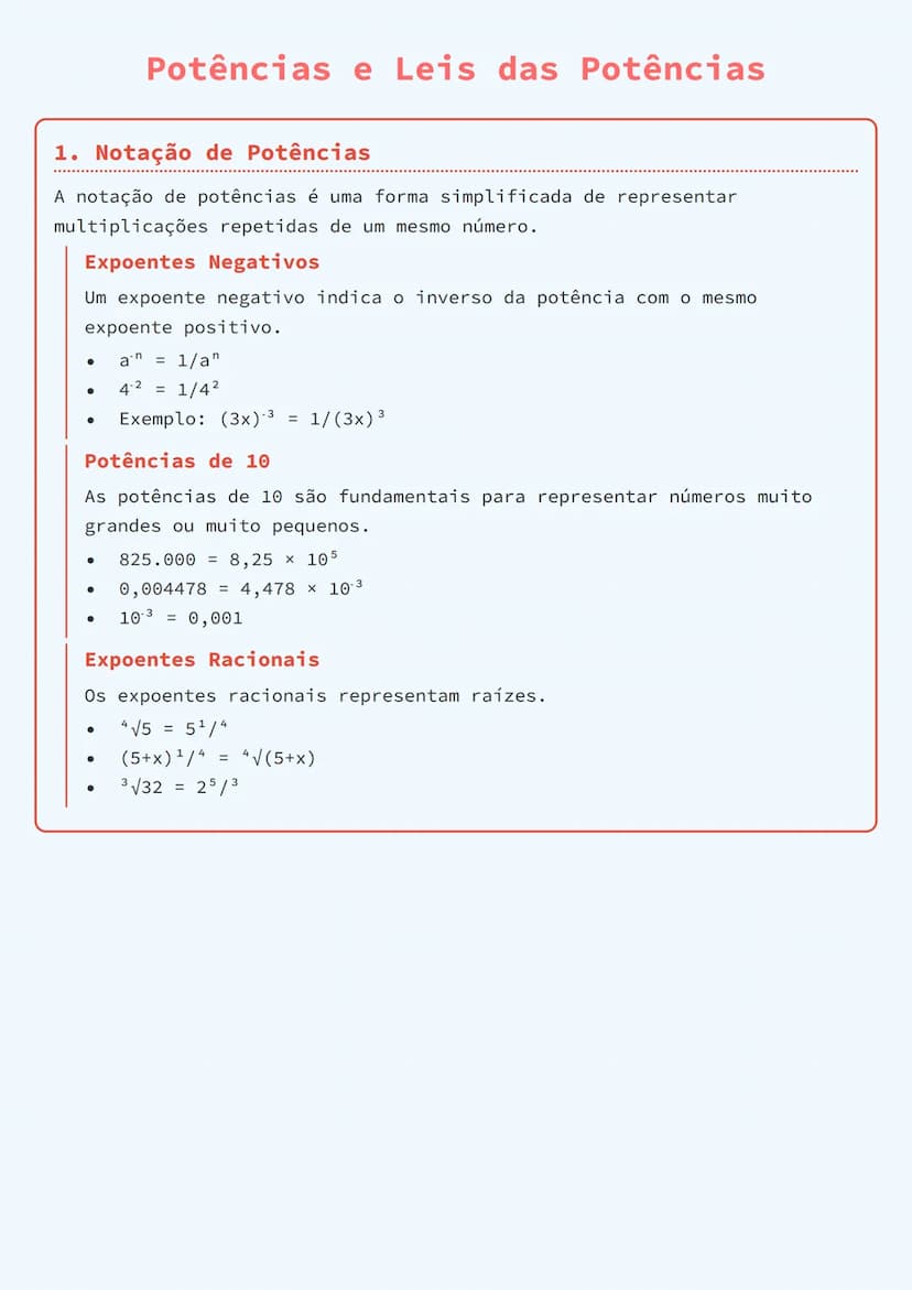 # Potências e Leis das Potências

1. Notação de Potências
A notação de potências é uma forma simplificada de representar
multiplicações repe