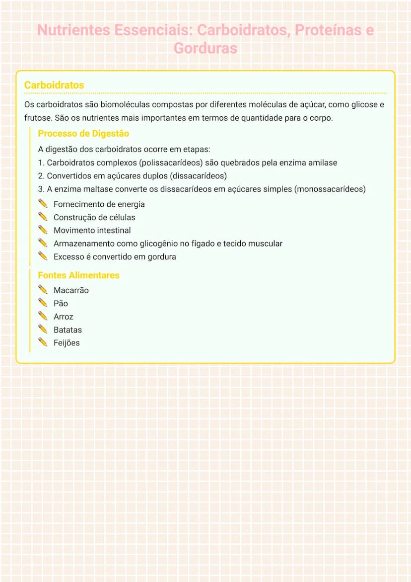--- OCR Start ---
Nutrientes Essenciais: Carboidratos, Proteínas e
Gorduras
Carboidratos
Os carboidratos são biomoléculas compostas por dife