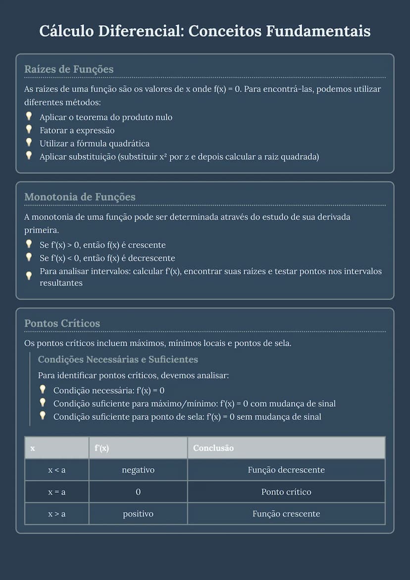 # Cálculo Diferencial: Conceitos Fundamentais

## Raízes de Funções
As raízes de uma função são os valores de x onde $f(x) = 0$. Para encont