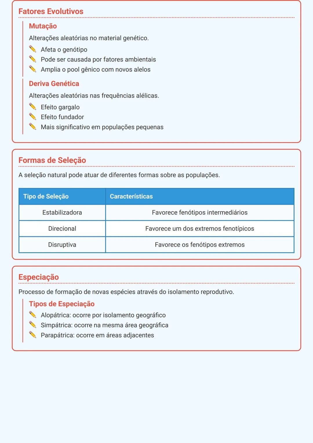 # Teoria da Evolução e Especiação

## Conceitos Básicos da Evolução
A evolução biológica é um processo de mudança nas características heredi