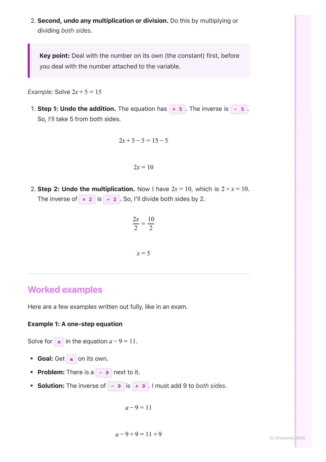 # Solving Equations

## What it's all about

Solving an equation is like being a detective. We have to find the value of a
mystery number, w