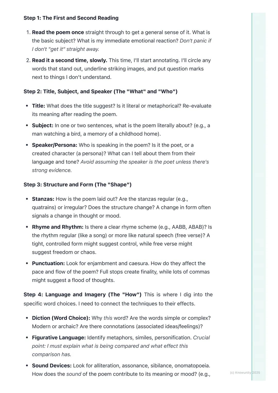 # Analysing Unseen Poetry

My approach to unseen poetry

This is a key part of the exam, so I need a solid, repeatable strategy. The goal
is