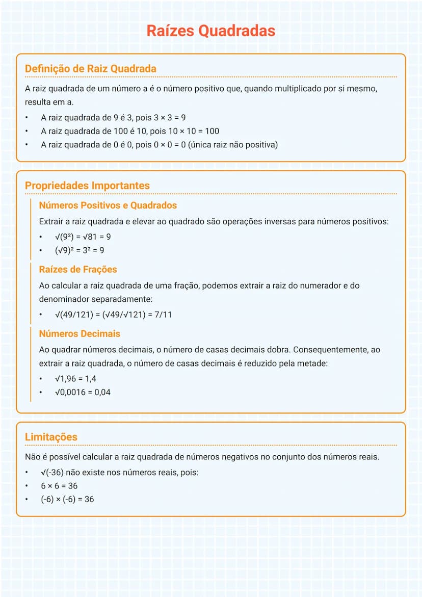 # Raízes Quadradas

## Definição de Raiz Quadrada
A raiz quadrada de um número a é o número positivo que, quando multiplicado por si mesmo,
