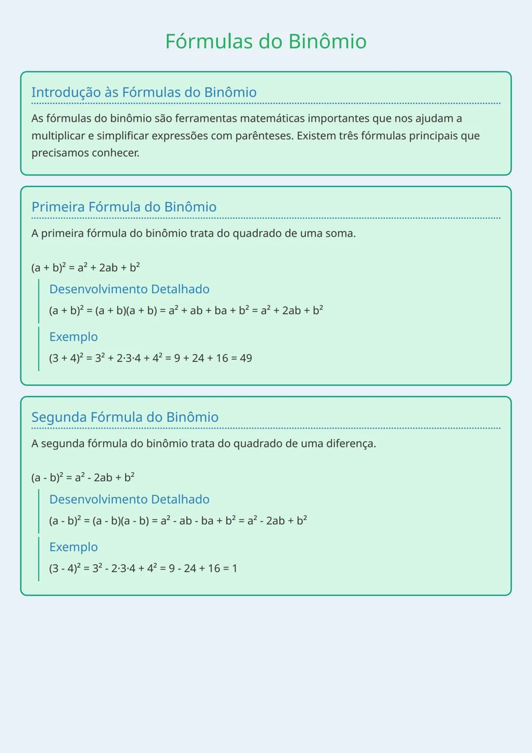 --- OCR Start ---
Terceira Fórmula do Binômio
A terceira fórmula do binômio trata do produto da soma pela diferença.
($a+b)(a-b)=a^{2}-b^{2}
