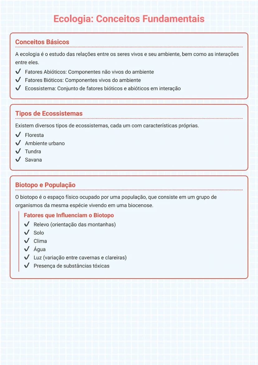 # Ecologia: Conceitos Fundamentais

## Conceitos Básicos
A ecologia é o estudo das relações entre os seres vivos e seu ambiente, bem como as