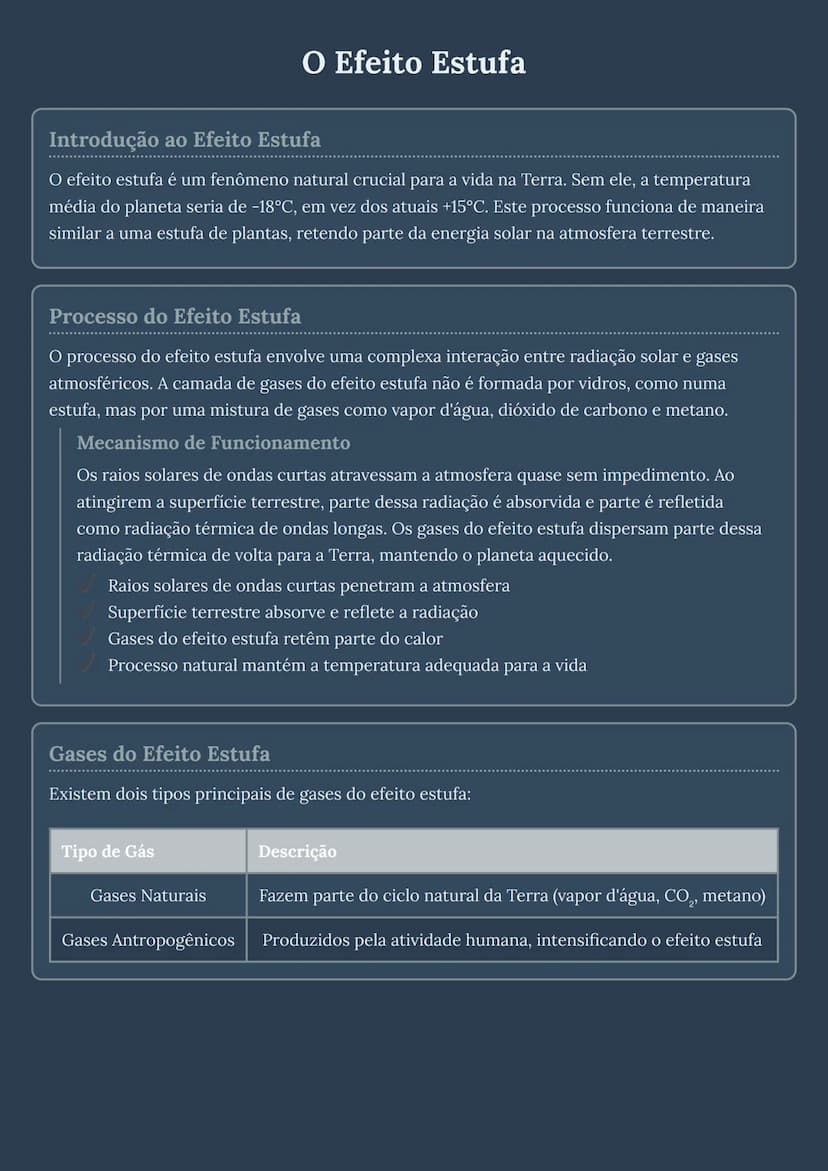 # O Efeito Estufa

## Introdução ao Efeito Estufa
O efeito estufa é um fenômeno natural crucial para a vida na Terra. Sem ele, a temperatura