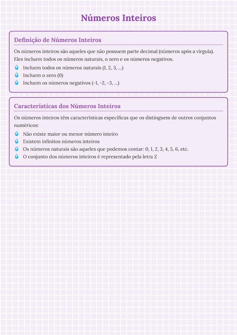 --- OCR Start ---
Números Inteiros
Definição de Números Inteiros
Os números inteiros são aqueles que não possuem parte decimal (números após