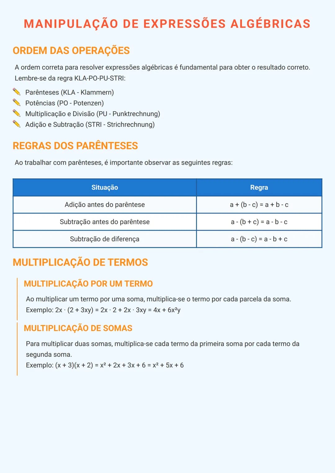 --- OCR Start ---
MANIPULAÇÃO DE EXPRESSÕES ALGÉBRICAS
ORDEM DAS OPERAÇÕES
A ordem correta para resolver expressões algébricas é fundamental