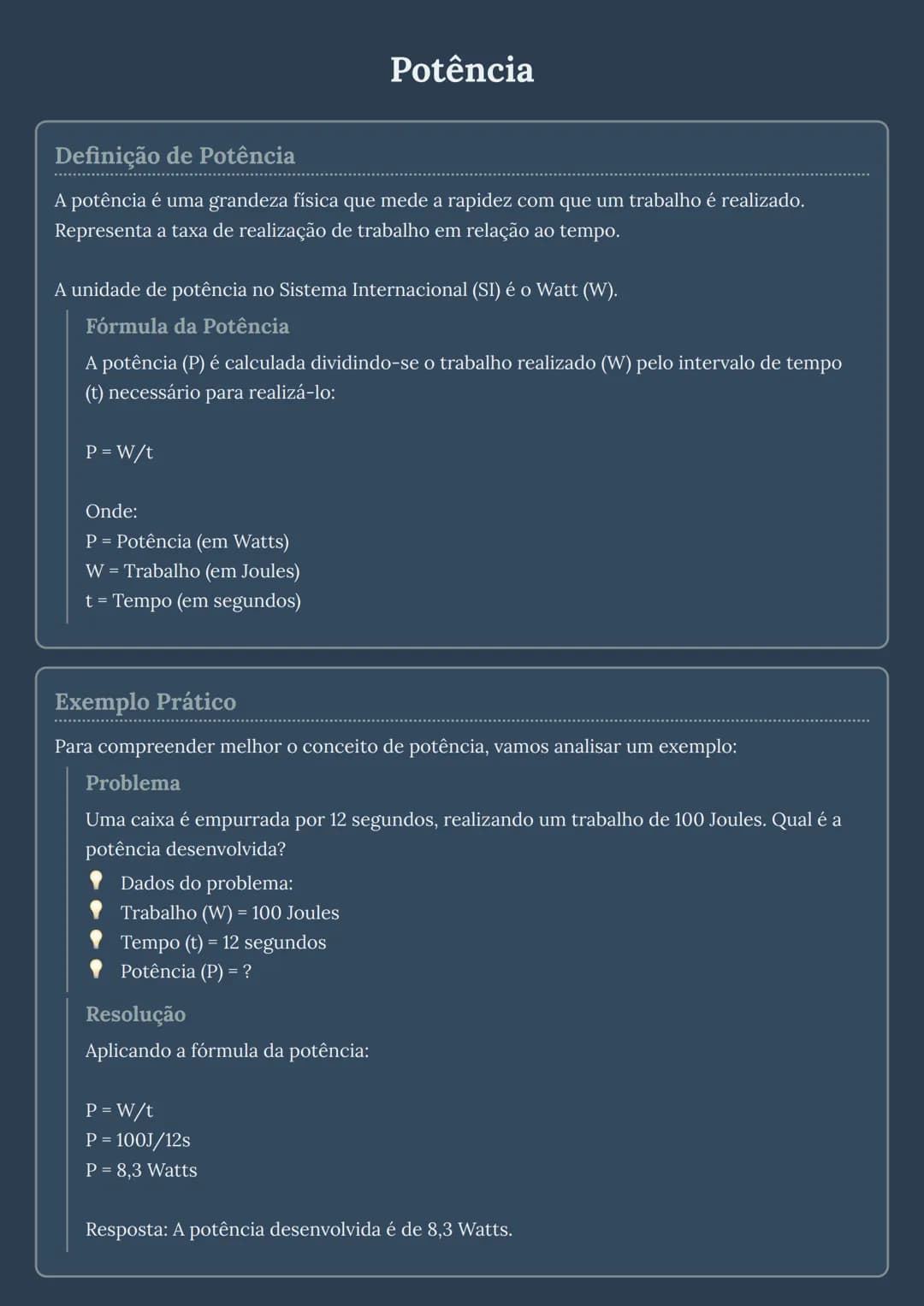 # Potência

## Definição de Potência
A potência é uma grandeza física que mede a rapidez com que um trabalho é realizado.
Representa a taxa 