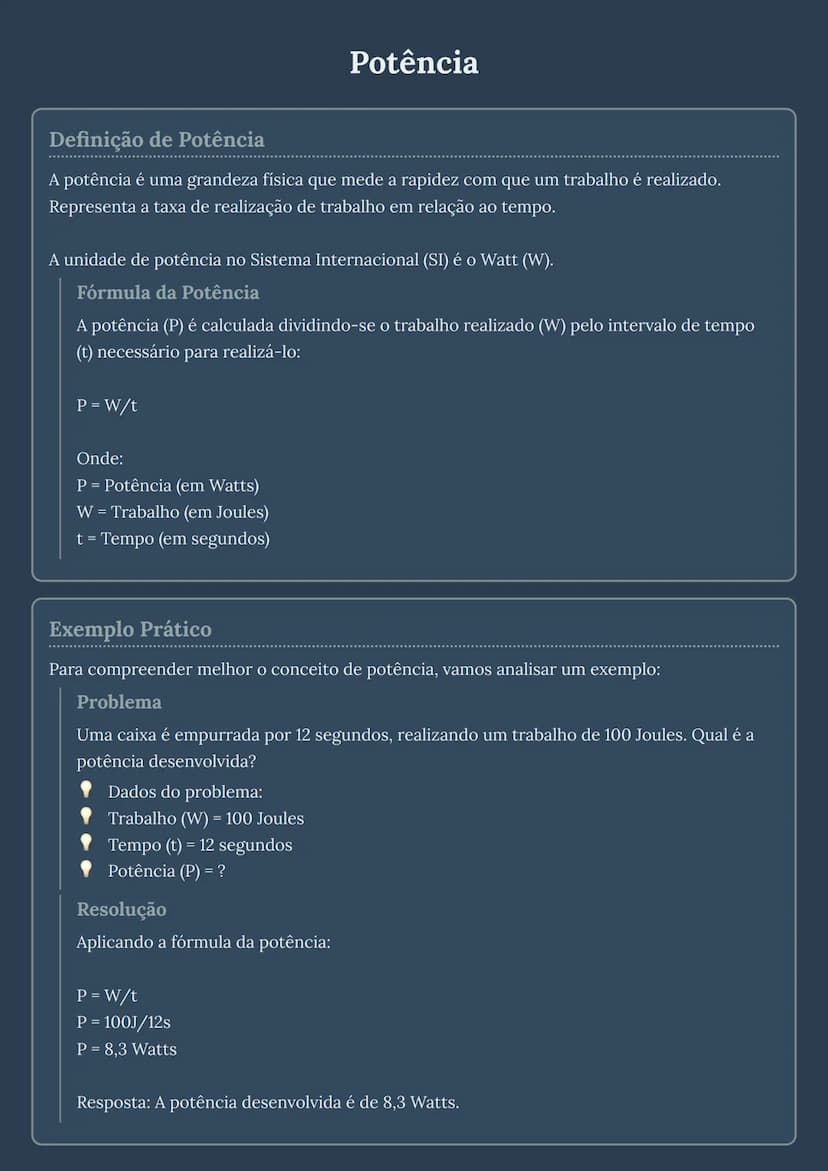 # Potência

## Definição de Potência
A potência é uma grandeza física que mede a rapidez com que um trabalho é realizado.
Representa a taxa 